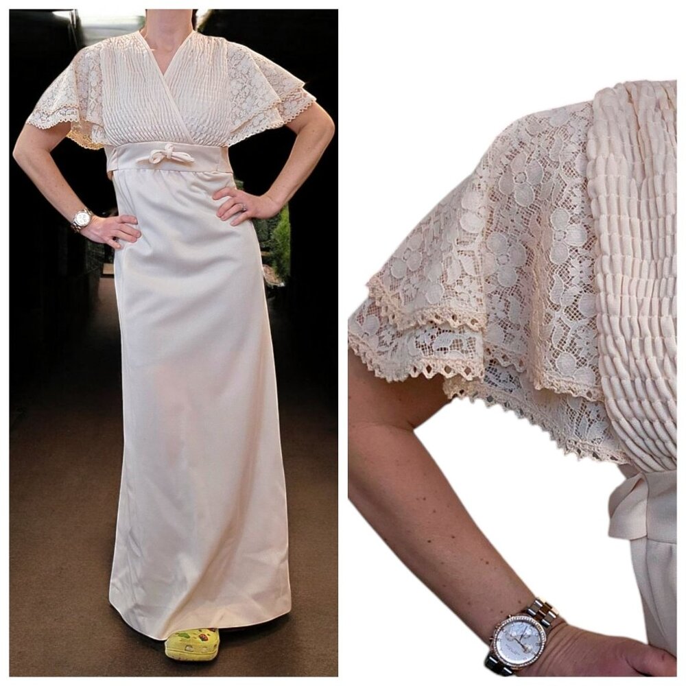 VTG Womens Long Babydoll Dress Cream Beige Lace Ruffle Sleeves Maxi Sz 6 60s 70s